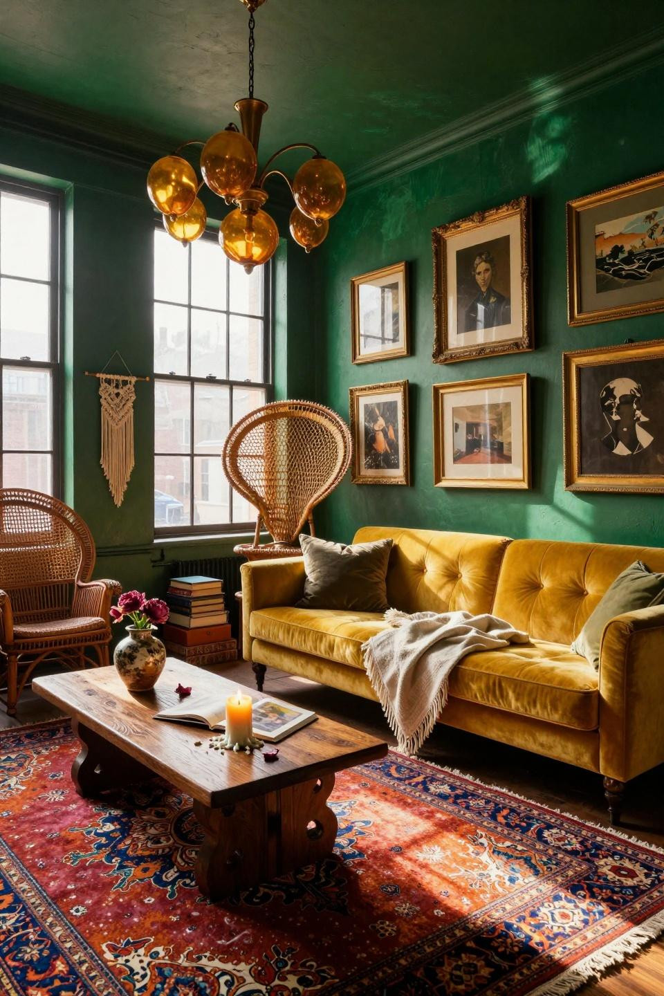funky home decor - emerald walls with mustard velvet sofa