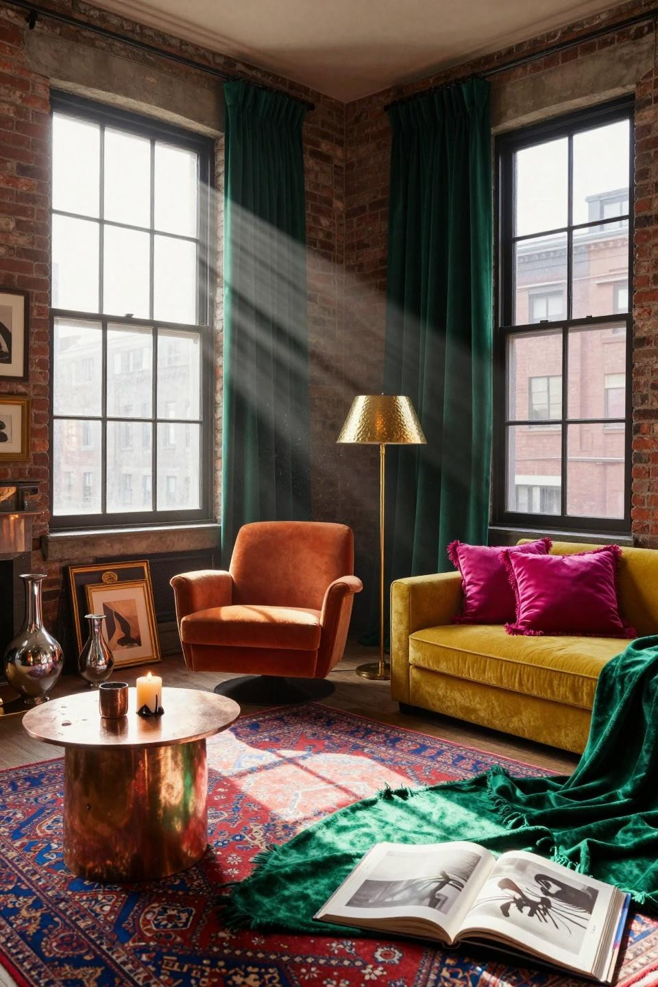 funky home decor - burnt orange velvet sofa with brass accents