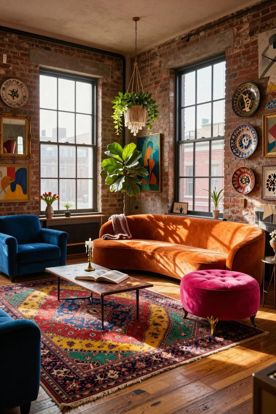 funky home decor - burnt orange sofa with peacock blue armchair