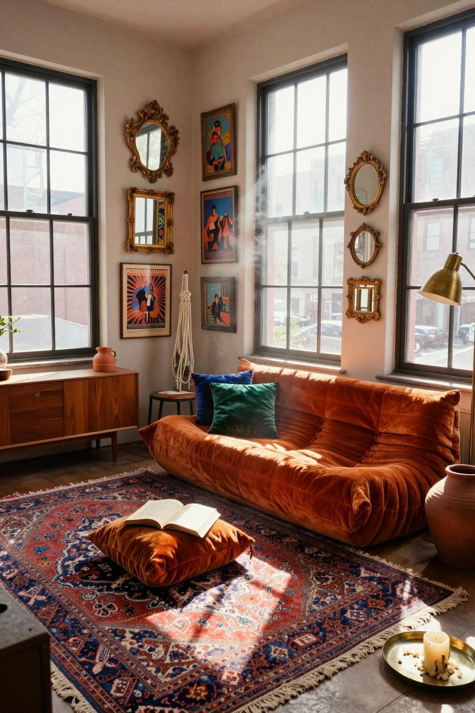 funky home decor - 1970s burnt orange sofa with gallery wall