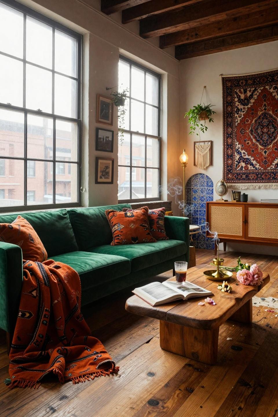 funky home decor - emerald sofa with honey-toned wood floors