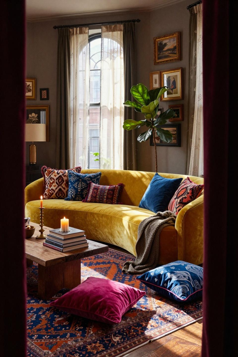 funky home decor - mustard yellow sofa through curtain frame