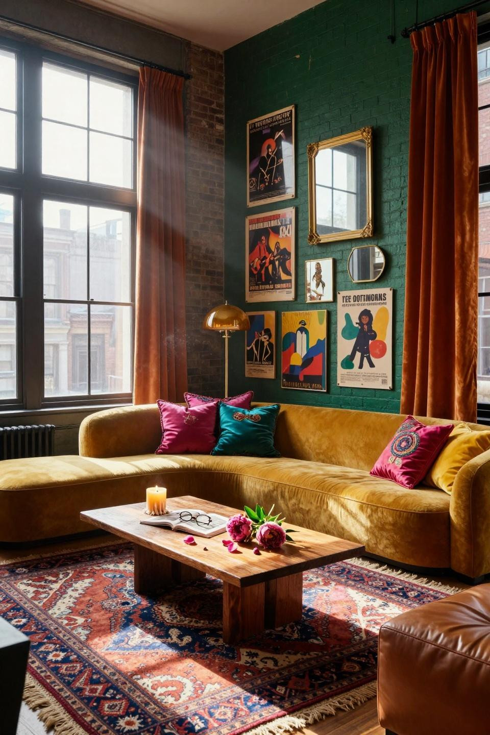 funky home decor - mustard sectional with layered Persian rugs