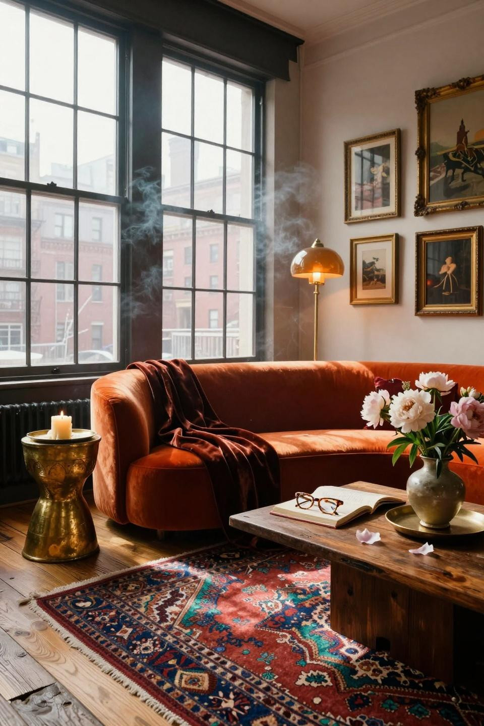 funky home decor - 1970s velvet sofa with brass side table