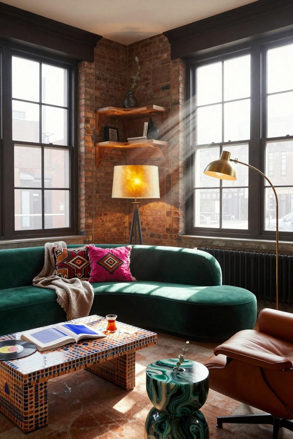 funky home decor - emerald velvet sofa with Moroccan tile table