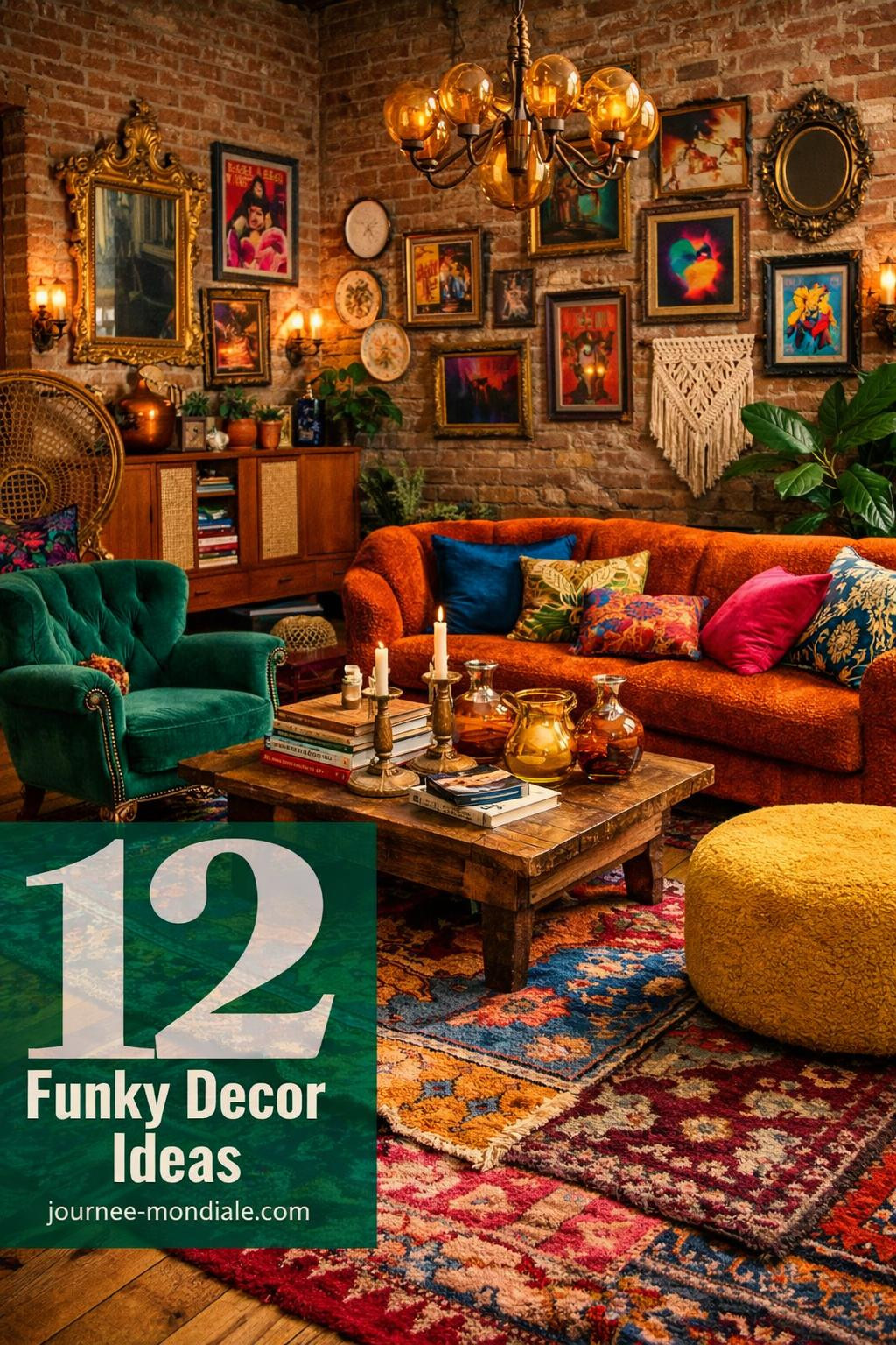 Vibrant funky living room featuring eclectic maximalism with colorful patterns, quirky furniture, bold artwork, and playful decor