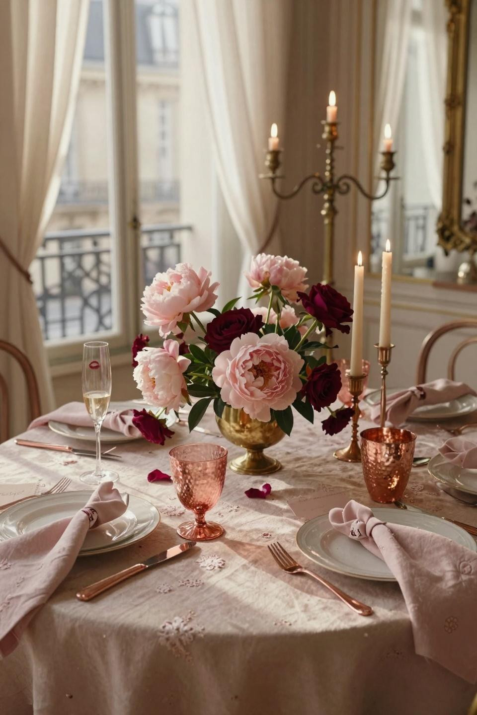 Galentines tablescape with rose gold flatware and blush peonies