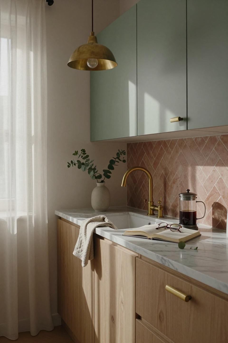 Galley Kitchen Ideas - Scandinavian style with sage cabinets