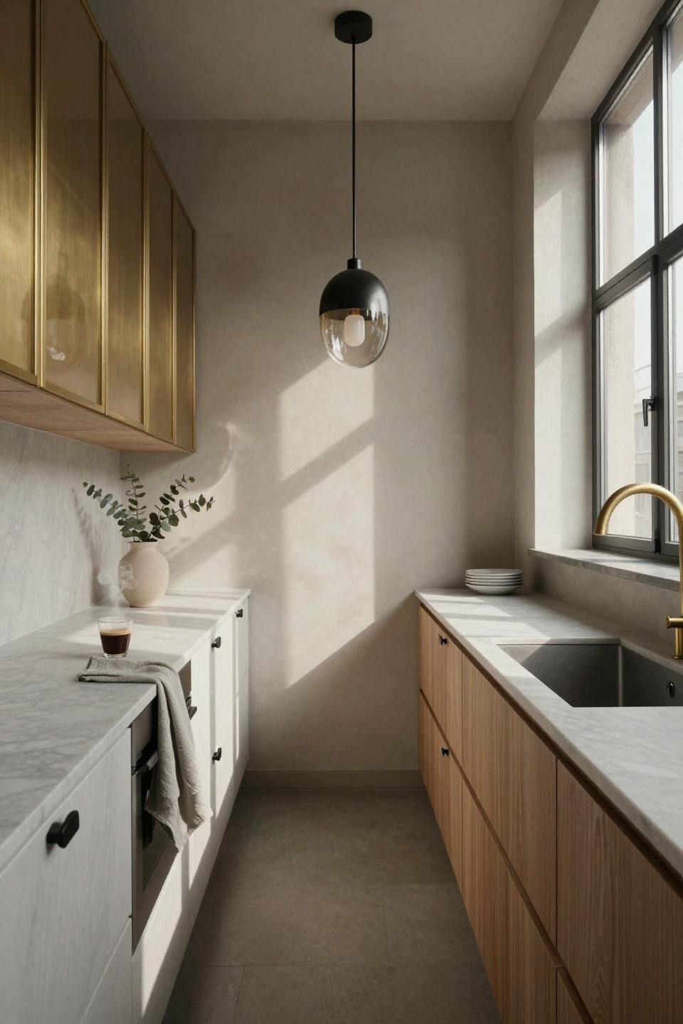 Galley Kitchen Ideas - long linear layout with glass cabinets