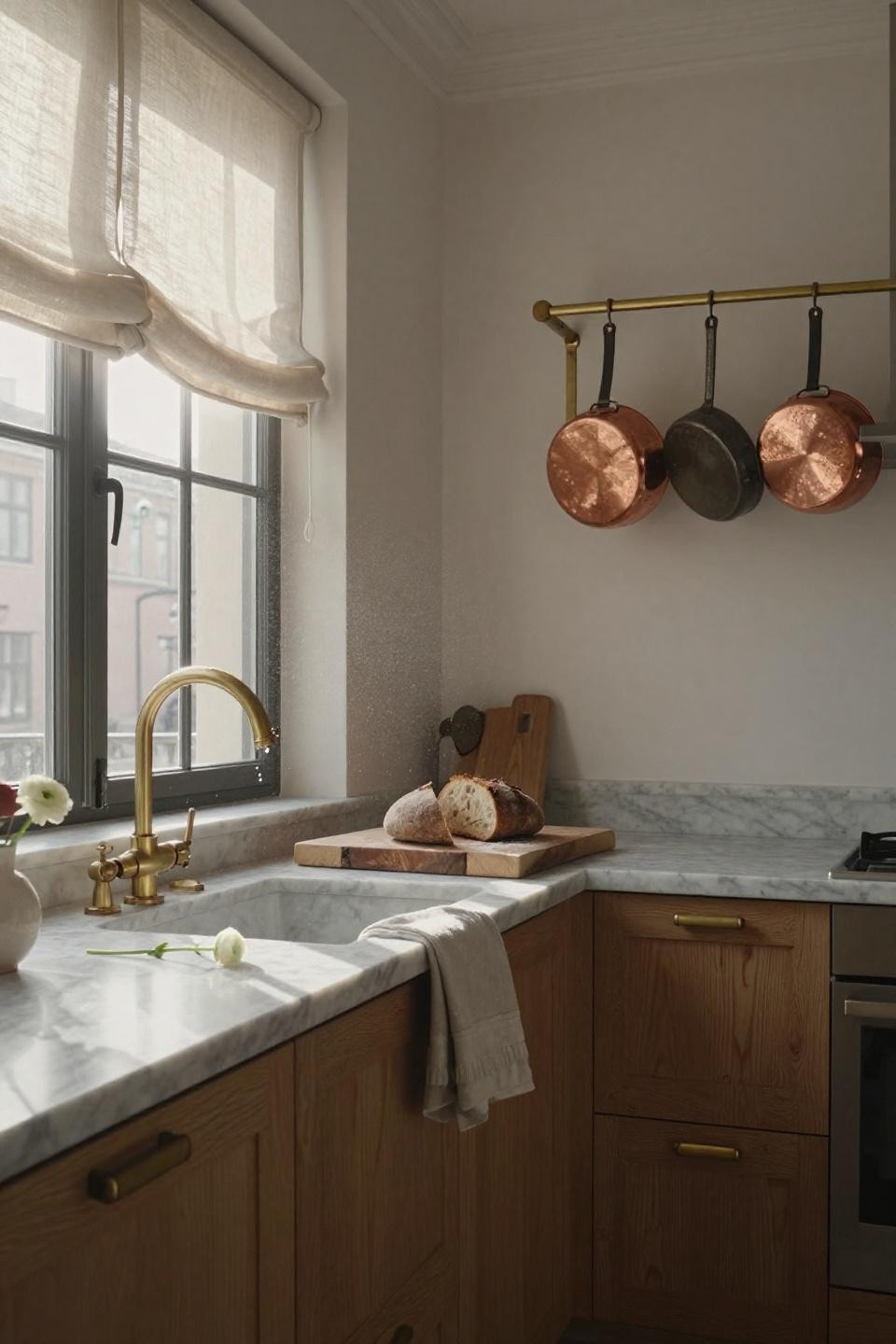 Galley Kitchen Ideas - long galley with hanging pot rack