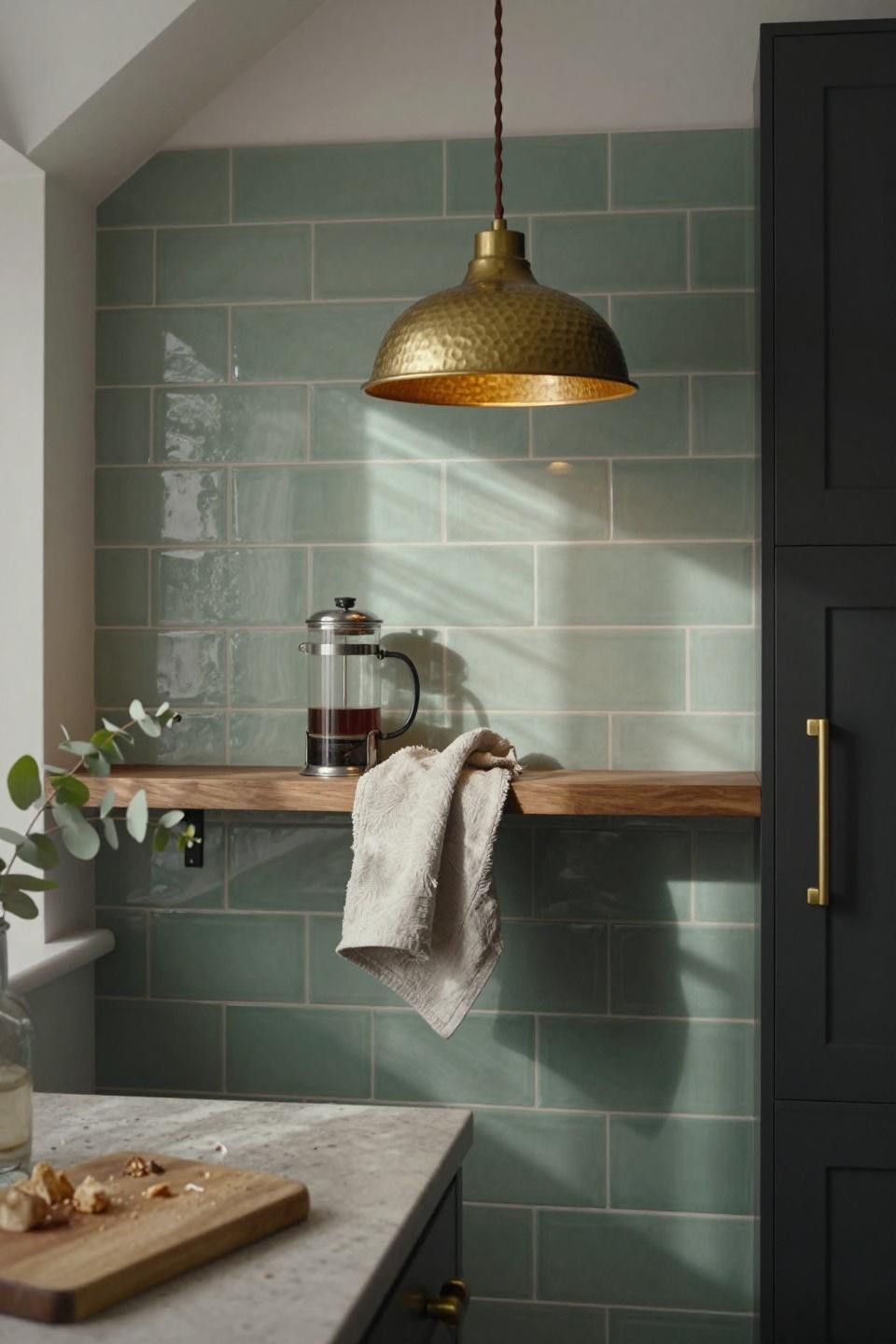 Galley Kitchen Ideas - sage green tiles with brass pendant