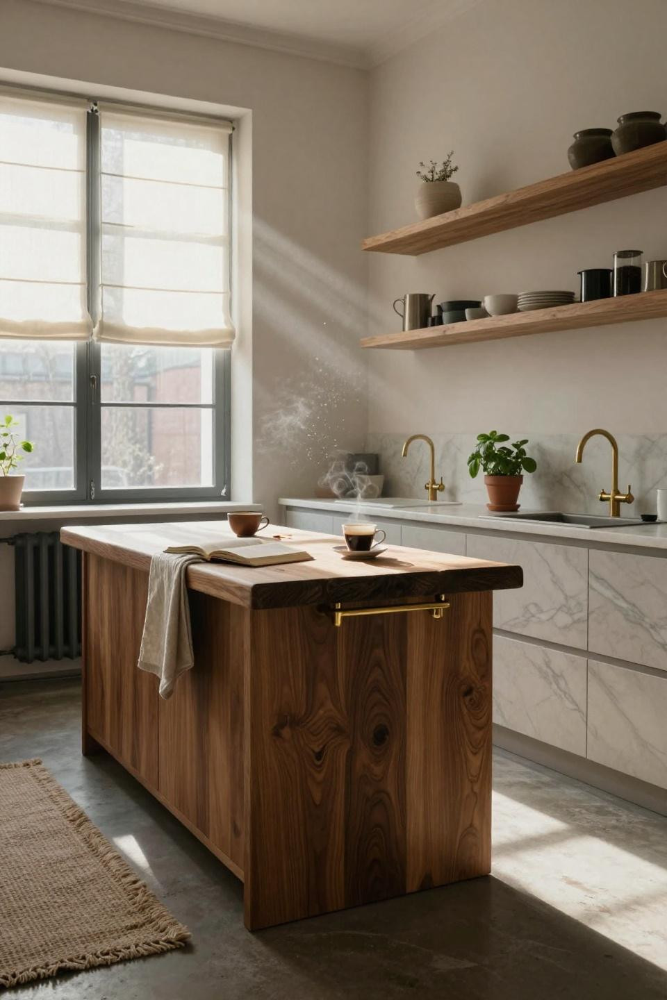 Galley Kitchen Ideas - white walls with oak floating shelves