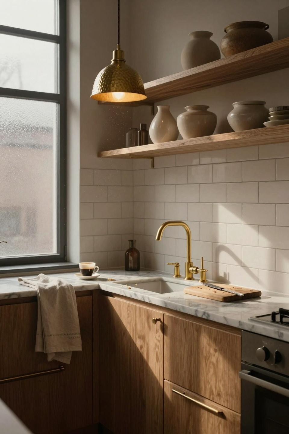 Galley Kitchen Ideas - warm oak cabinets with brass hardware