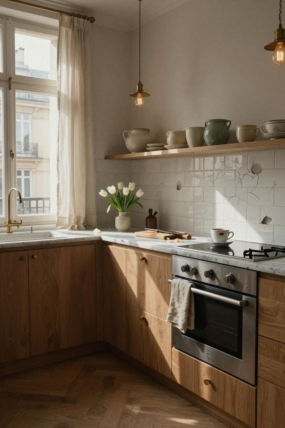 Galley Kitchen Ideas - Parisian style with oak cabinets