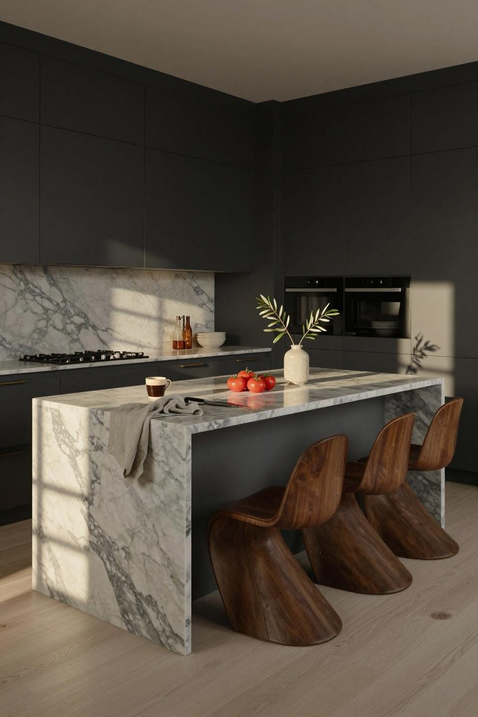 Galley Kitchen Ideas - center island with marble waterfall edge