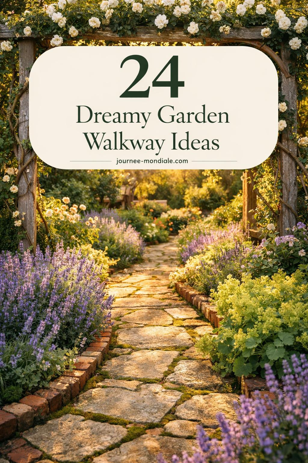 Curved limestone garden path with lavender borders, climbing roses on cedar arbor, and moss-covered stones in dappled sunlight
