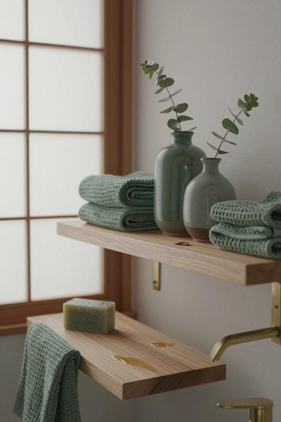Green Bathroom Ideas - floating shelves with green towels