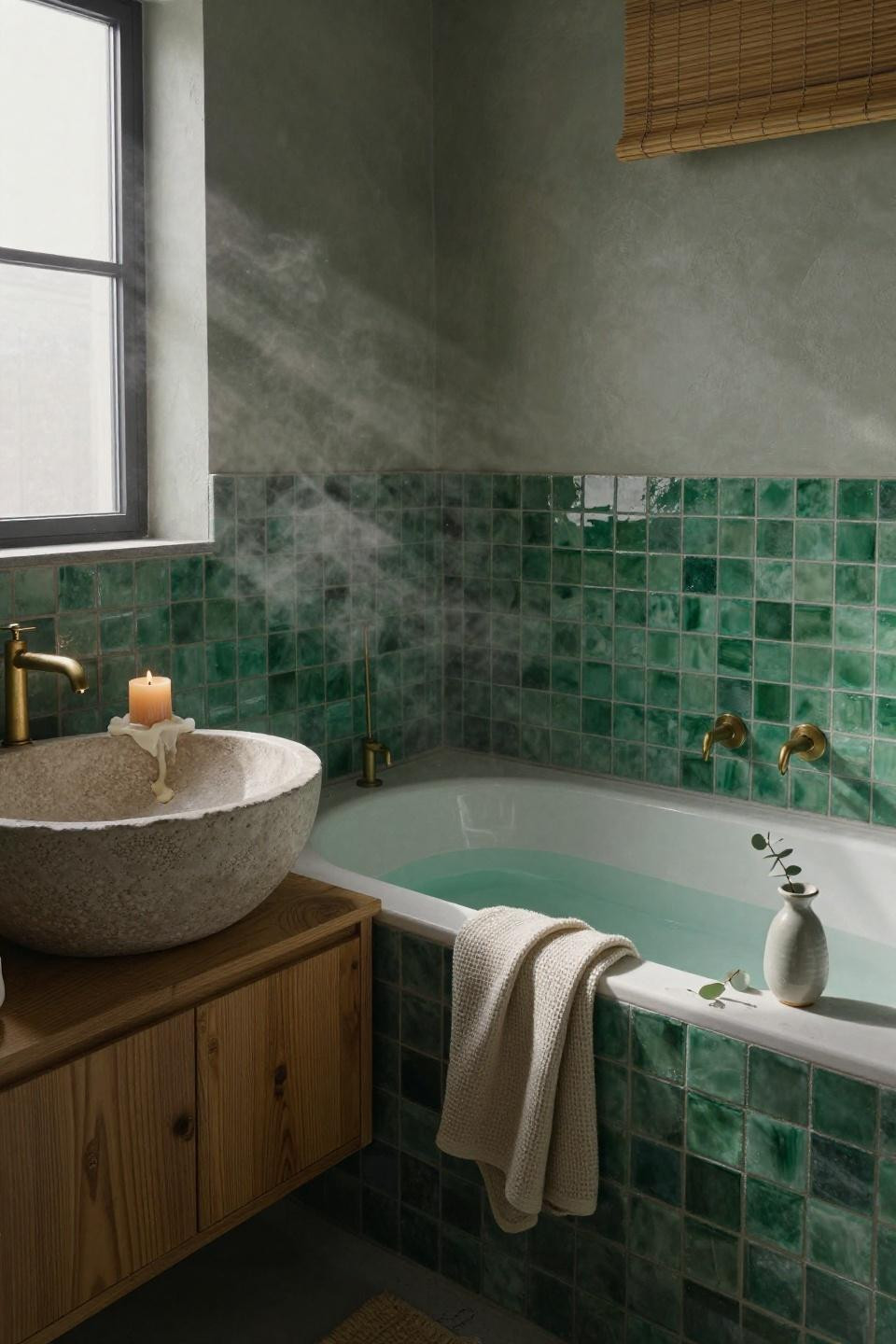 Green Bathroom Ideas - waterfall tile pattern with soaking tub