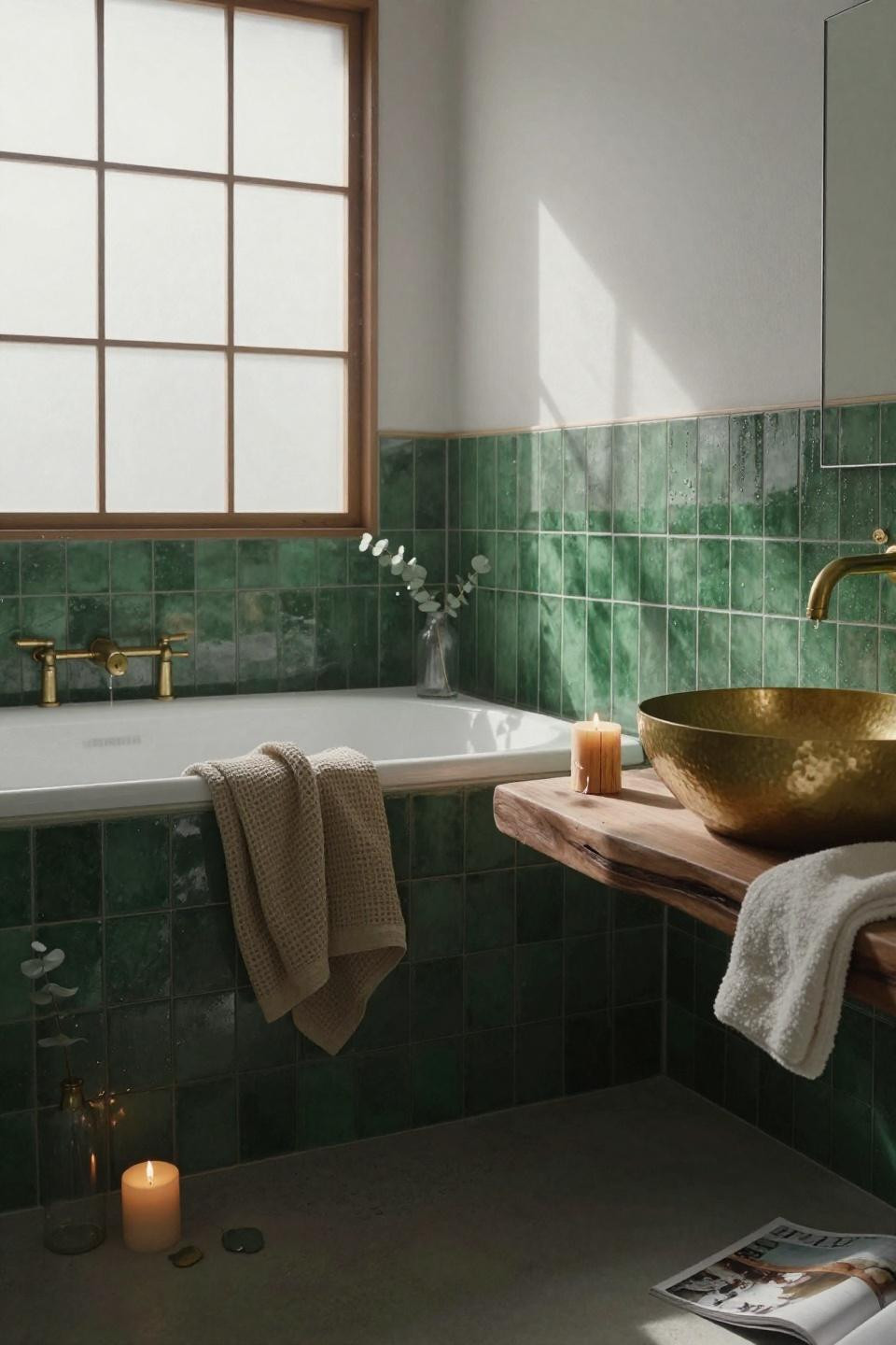 Green Bathroom Ideas - walnut vanity with green tile wall