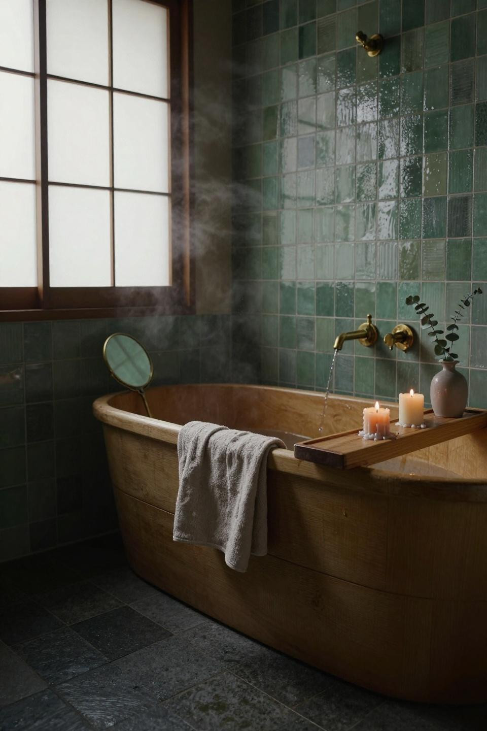 Green Bathroom Ideas - japanese soaking tub with sage tiles