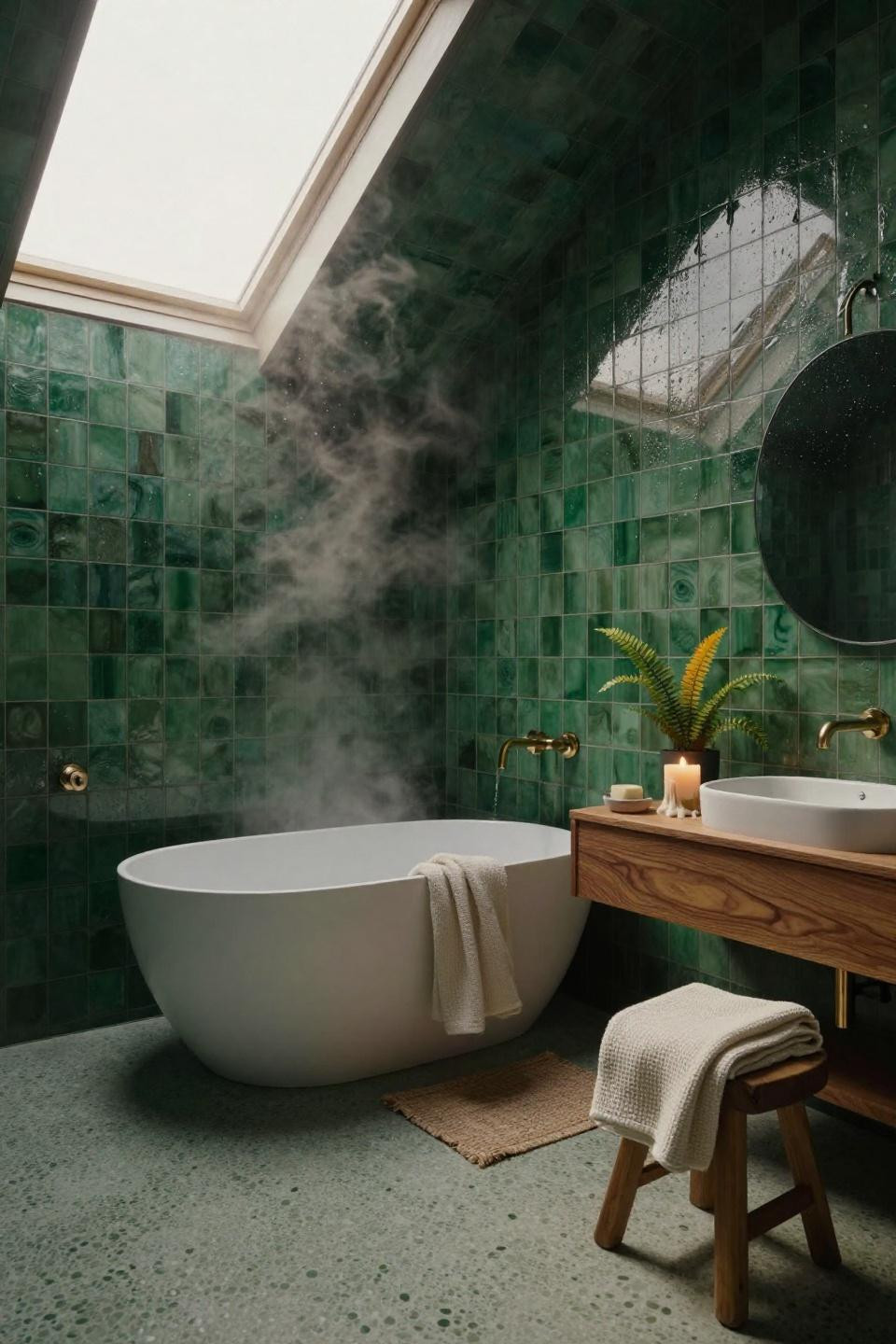 Green Bathroom Ideas - skylight bathroom with green tiles