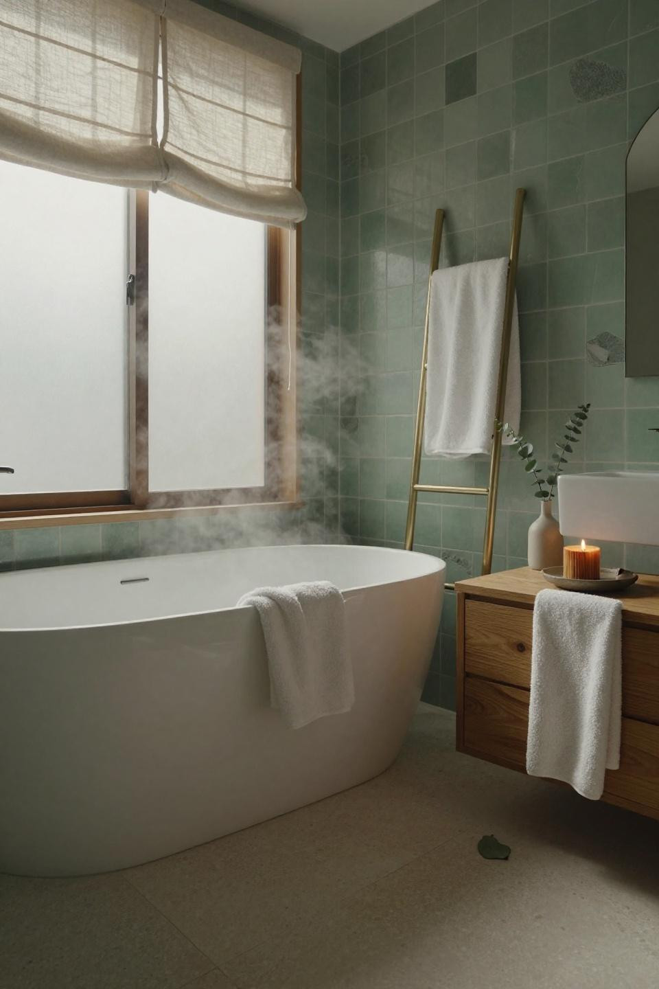 Green Bathroom Ideas - minimalist sage bathroom with natural wood