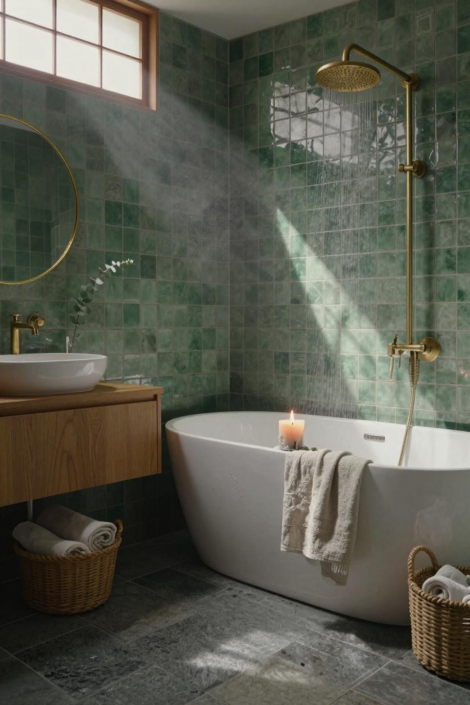 Green Bathroom Ideas - emerald vertical tiles with white tub
