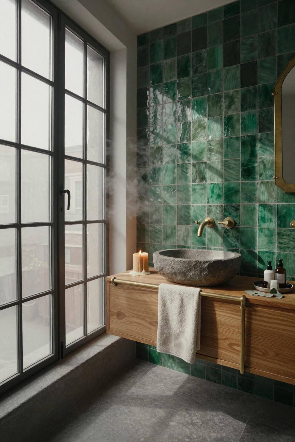 Green Bathroom Ideas - forest green tile wall with brass mirror