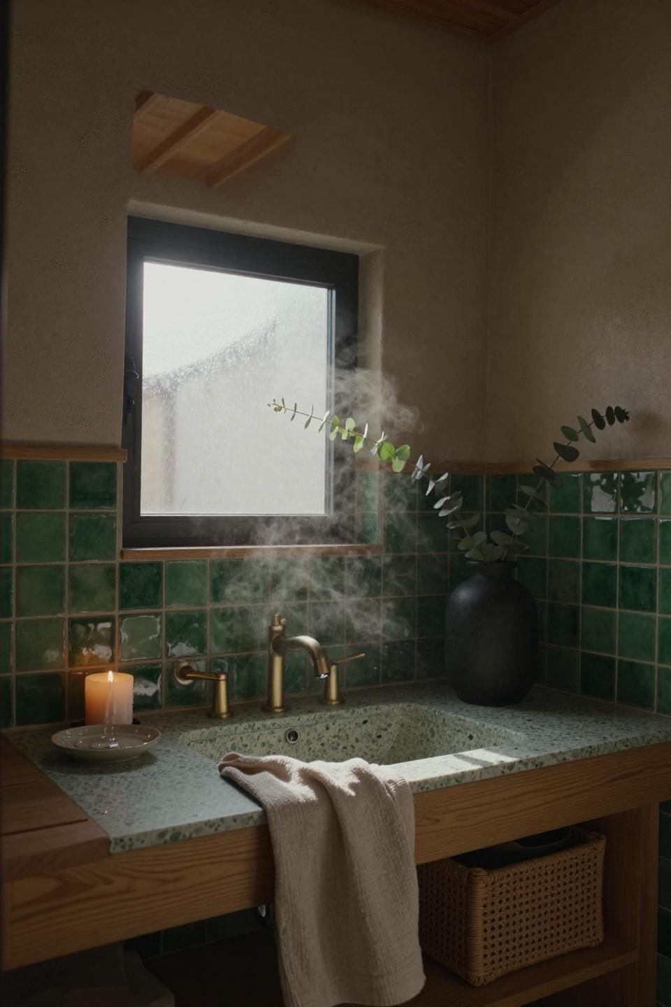 Green Bathroom Ideas - terrazzo vanity with textured walls