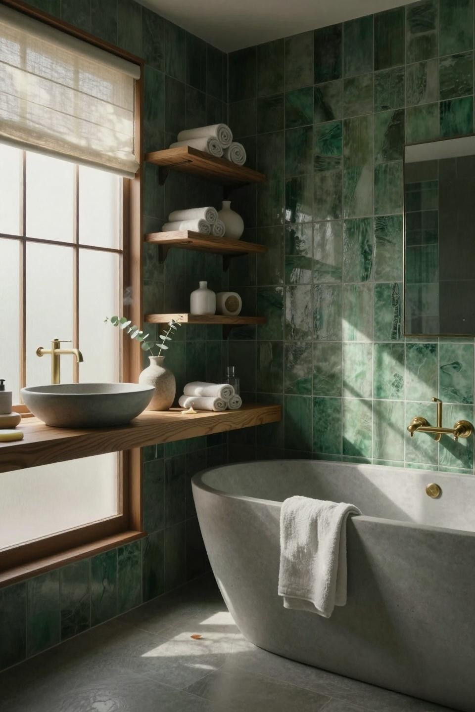 Green Bathroom Ideas - emerald accent wall with wood vanity