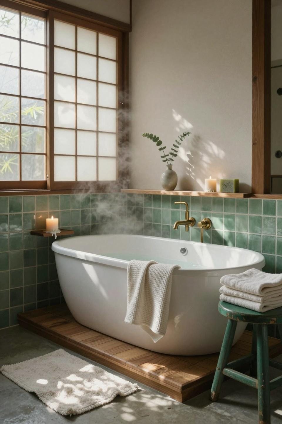 Green Bathroom Ideas - wood tub with sage tiles