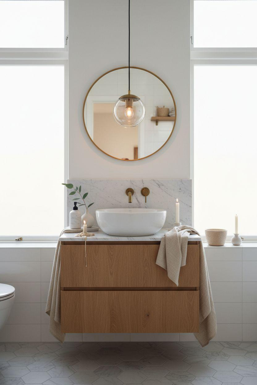Guest Bathroom Ideas - Copenhagen modern bathroom with sculptural brass pendant light