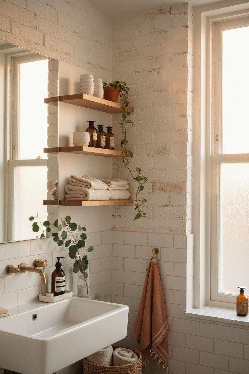 Guest Bathroom Ideas - Scandinavian loft bathroom with floating oak shelves and plants