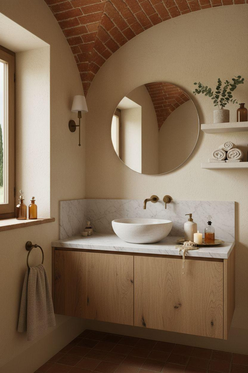 Guest Bathroom Ideas - Tuscan limestone bathroom with terracotta tiles and oak vanity
