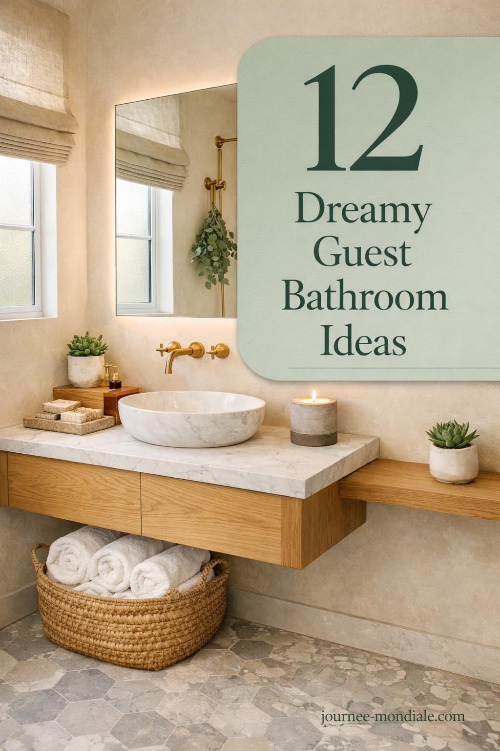 Sophisticated guest bathroom featuring white oak floating vanity, Carrara marble countertop, brass fixtures, plaster walls, terrazzo flooring, and natural textures