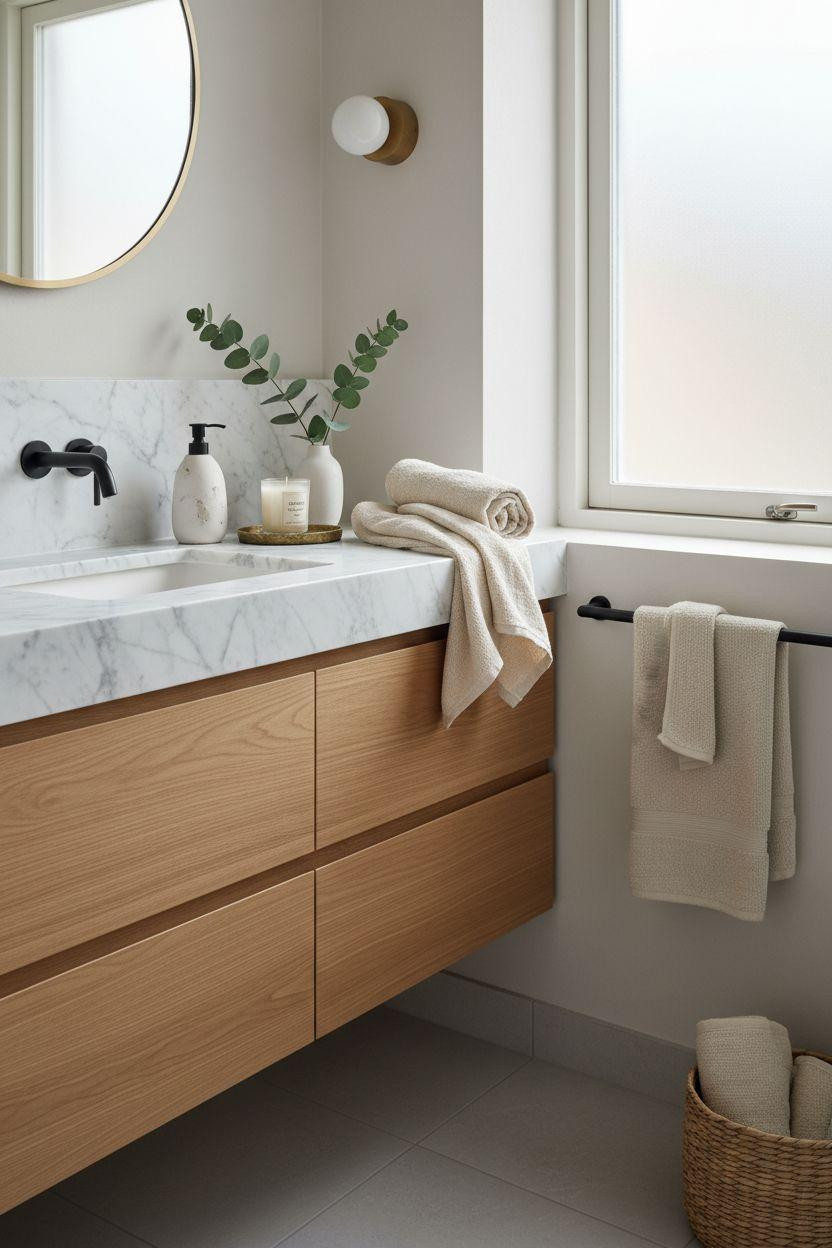 Guest Bathroom Ideas - Scandinavian minimalist bathroom with white oak and marble details