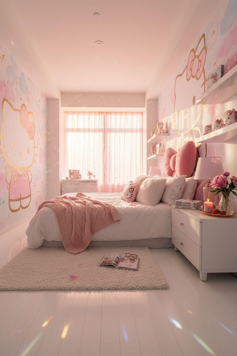 Hello Kitty Room - dreamy bedroom with Hello Kitty bow-shaped headboard