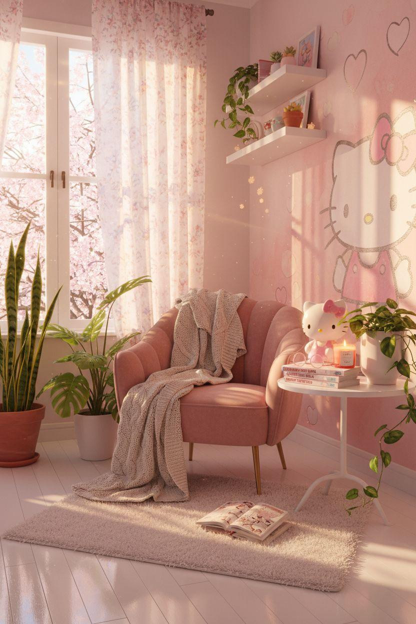 Hello Kitty Room - cozy reading nook with pink velvet chair and plants