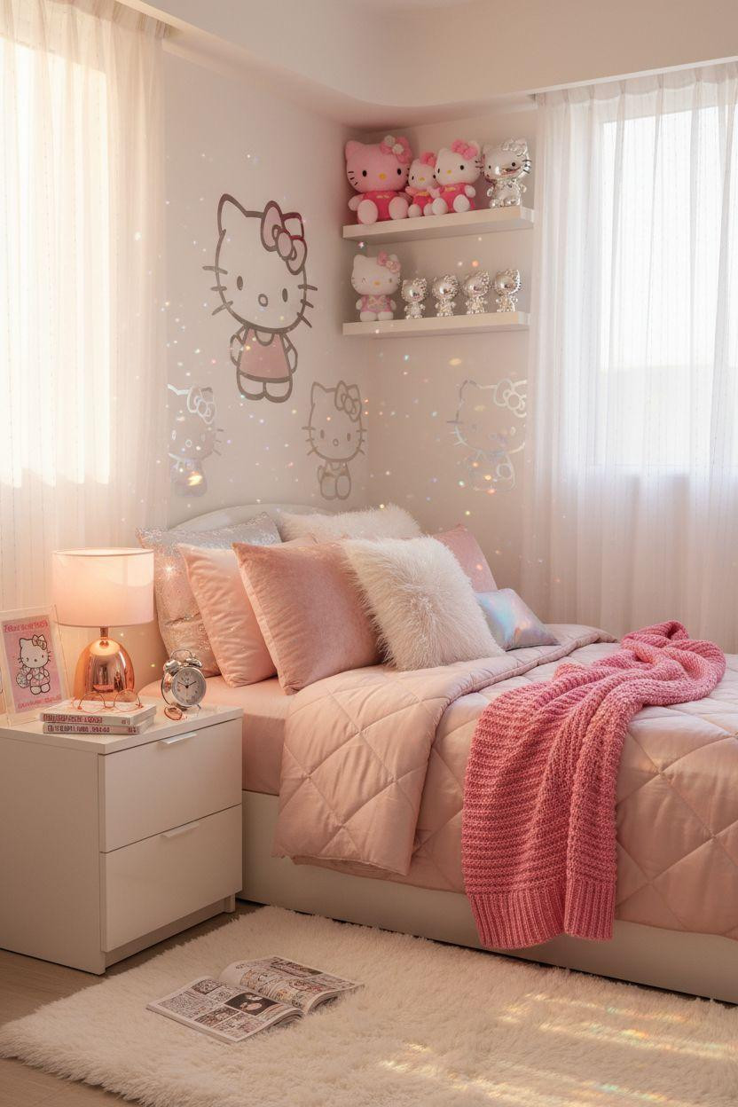 Hello Kitty Room - glamorous setup with metallic accents and holographic fabrics