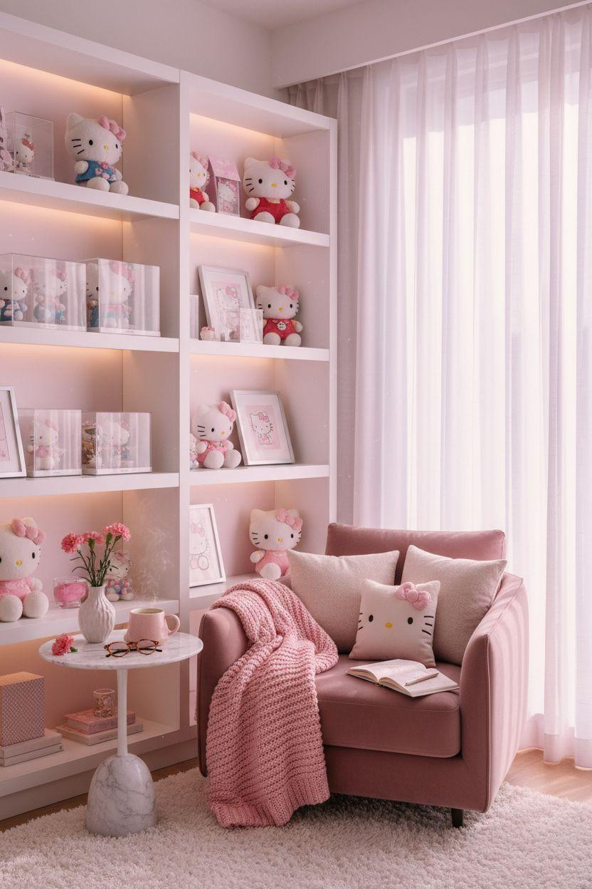 Hello Kitty Room - oak shelving with curated Hello Kitty collection and reading chair