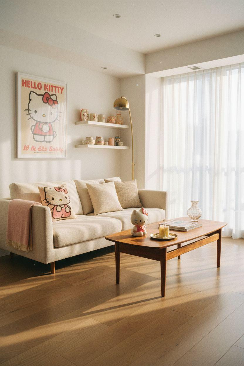 Hello Kitty Room - minimalist living space with vintage Hello Kitty needlepoint pillow