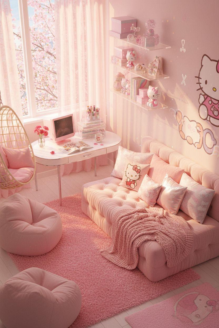 Hello Kitty Room - Y2K inspired bedroom with tufted daybed and layered pillows