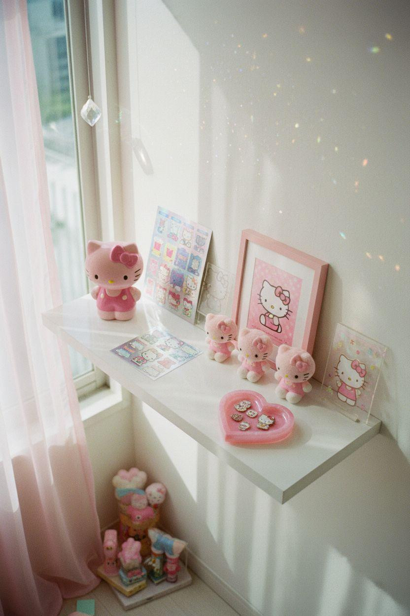 Hello Kitty Room - floating shelf displaying vintage Hello Kitty collectibles
