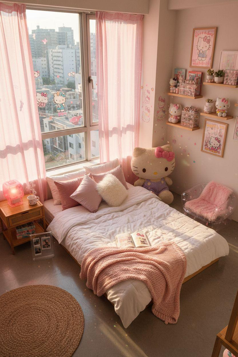 Hello Kitty Room - overhead shot of pink bedroom with layered textures