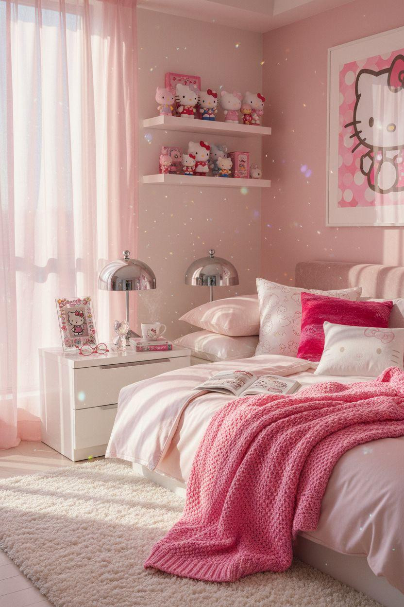 Hello Kitty Room - hot pink bedroom with chrome accents and modern aesthetic