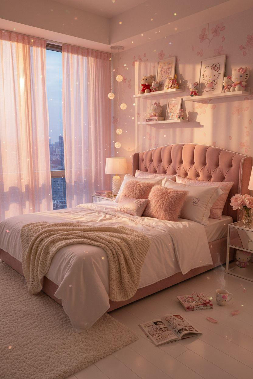 Hello Kitty Room - blush pink bedroom with tufted headboard and golden light
