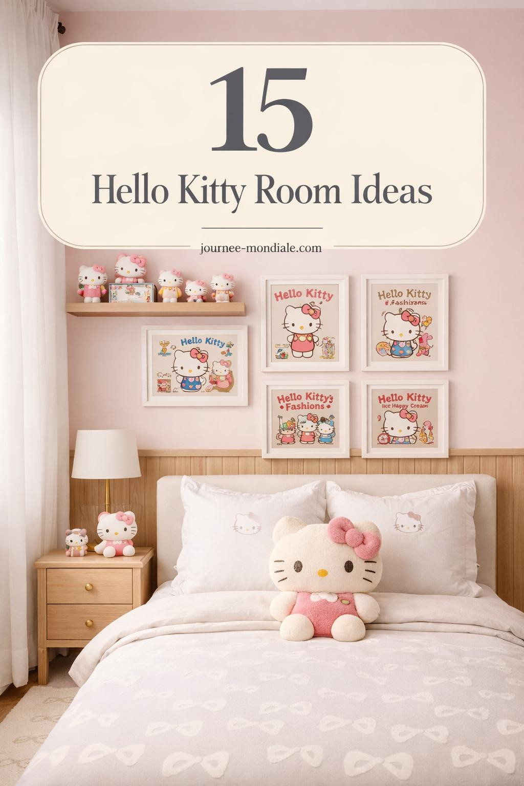 Sophisticated Hello Kitty themed bedroom with blush pink walls, white oak furniture, embroidered bedding, framed vintage posters, and curated Sanrio collectibles