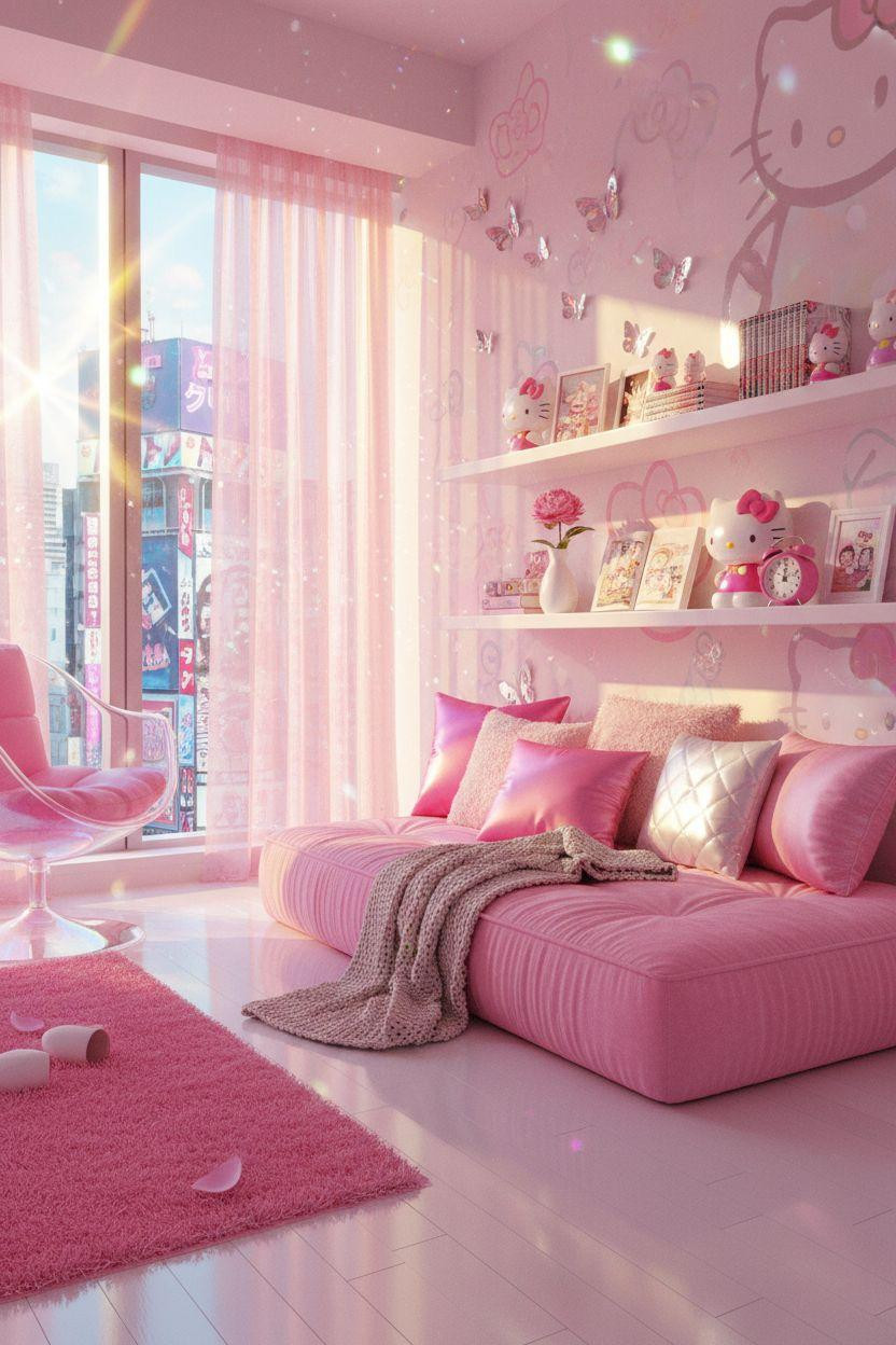Hello Kitty Room - Y2K bedroom with bubble chair and chrome butterfly decals