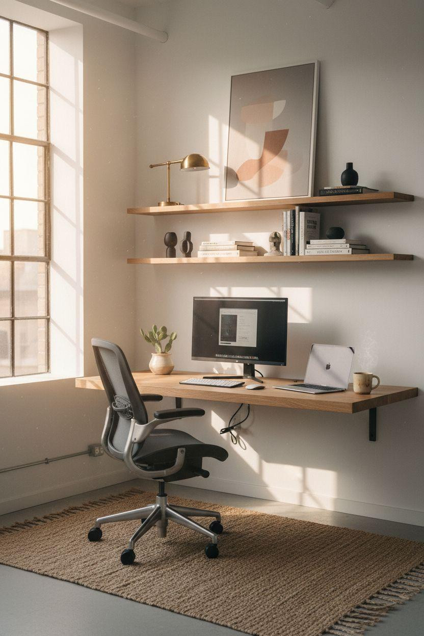 Office Room Ideas - modern desk with aluminum laptop and oak surface