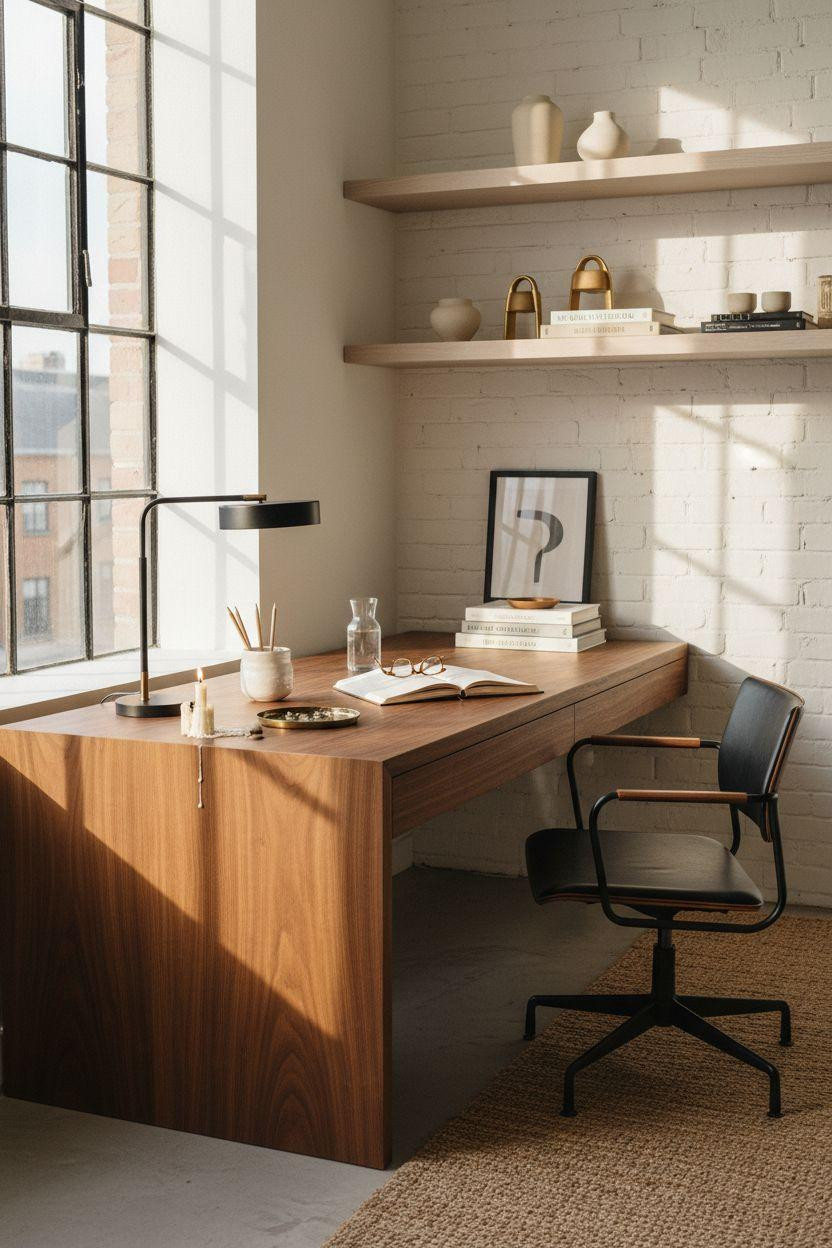 Office Room Ideas - walnut desk with brass details and cognac leather